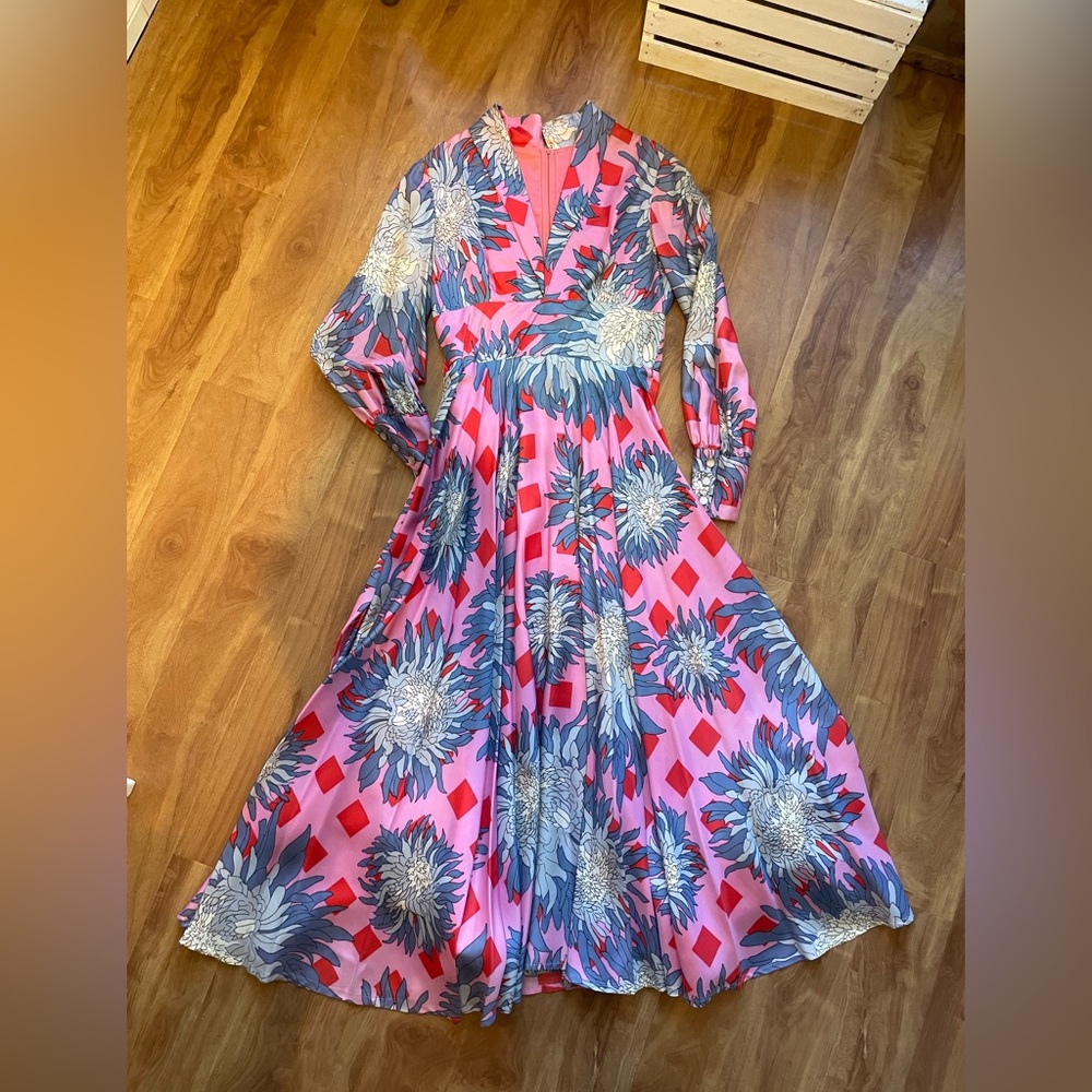 Outrageously Gorgeous Vintage Floral Print Maxi Dress Belted Gown, Size Medium - Picture 7 of 16
